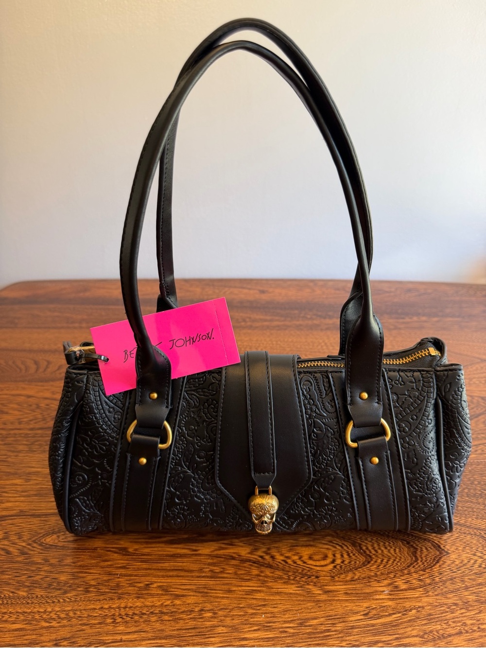 IN DEMAND - BETSEY JOHNSON XOCARMY Black Embossed Satchel W/Gold Skull Clasp